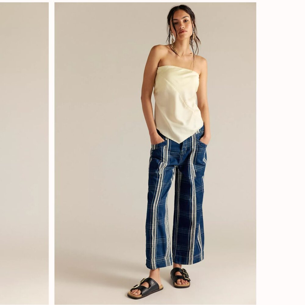 We the Free People Rose Hall Low Slung Trousers Plaid Blue Motif NEW 25 27 28 29